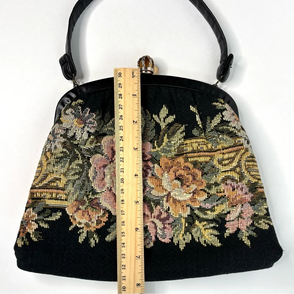 Vintage 1950’s Harry Levine Jewel Kiss Clasp Floral Tapestry Purse Leather Strap